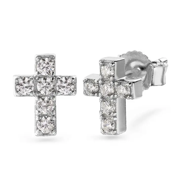 White Gold Plated 925 Sterling Silver 5A Cubic Zirconia CZ Cross Stud Earrings