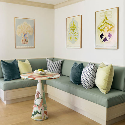 Willow Amalfi Throw Pillow styled on a dining nook bench, made to order in the USA with short lead times