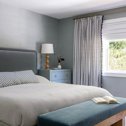 Cadet trim featured on bedroom curtains made to order and manufactured in the USA with short lead times