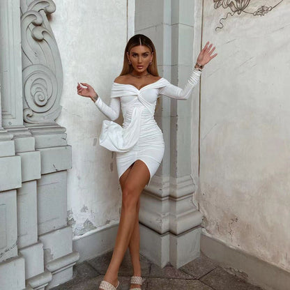 Womens Sexy V-Neck Off-Shoulder Long-Sleeve Pleated Ruffle Dress