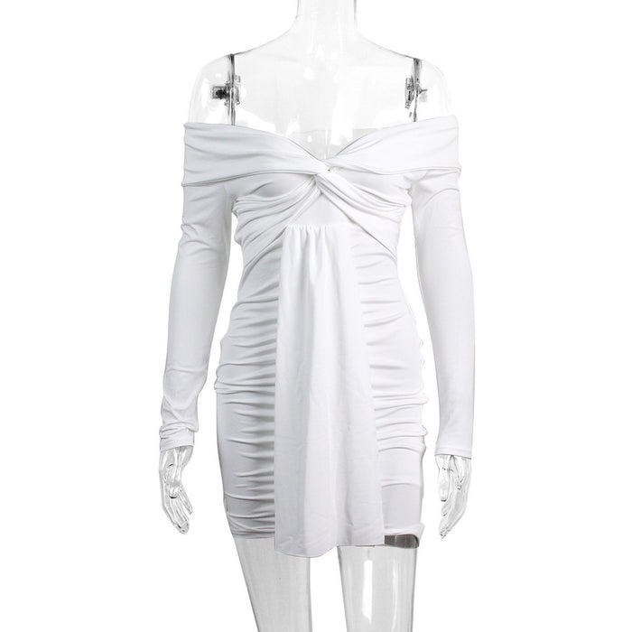 Womens Sexy V-Neck Off-Shoulder Long-Sleeve Pleated Ruffle Dress