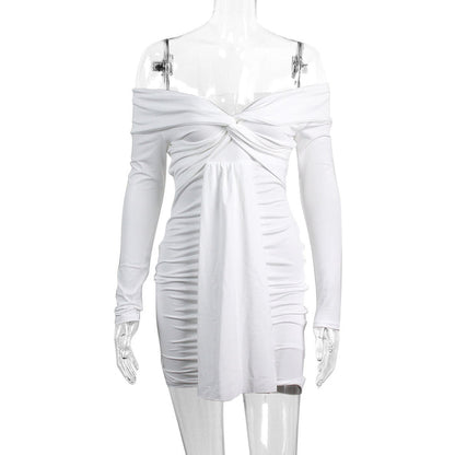 Womens Sexy V-Neck Off-Shoulder Long-Sleeve Pleated Ruffle Dress