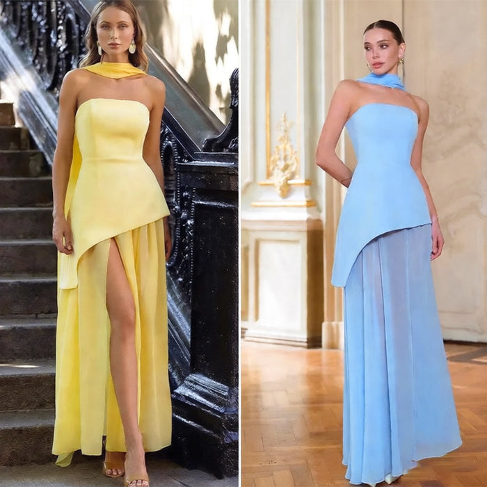 Womens Solid-Color Strapless Dress With Fluttering Ties And A Slit
