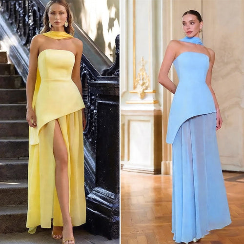 Womens Solid-Color Strapless Dress With Fluttering Ties And A Slit