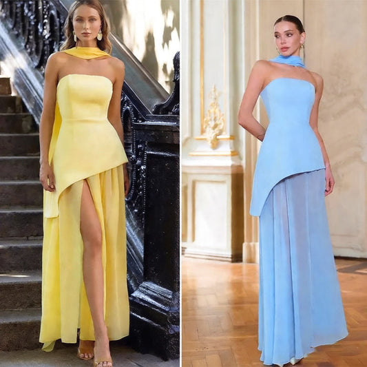 Womens Solid-Color Strapless Dress With Fluttering Ties And A Slit