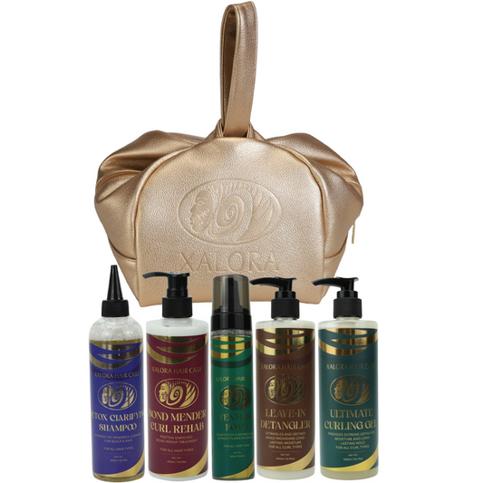 Set of xalora hair care products with a gold bag on a white background