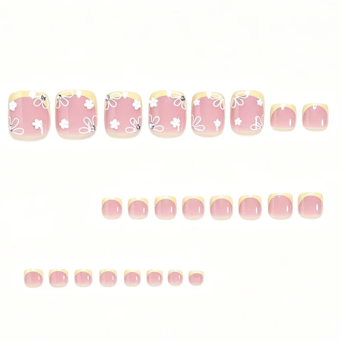 Yellow French Square Toe Nails With White Floral Design 24 Pieces Resin Material For Most Foot Types