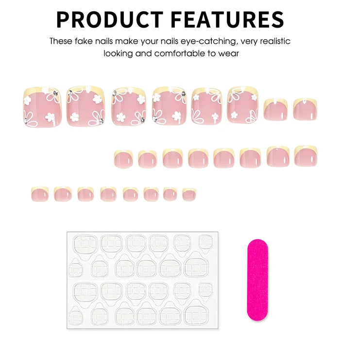 Yellow French Square Toe Nails With White Floral Design 24 Pieces Resin Material For Most Foot Types