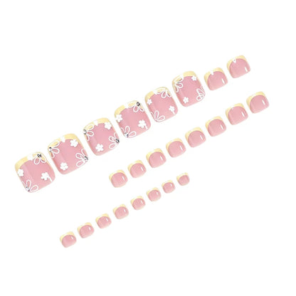 Yellow French Square Toe Nails With White Floral Design 24 Pieces Resin Material For Most Foot Types